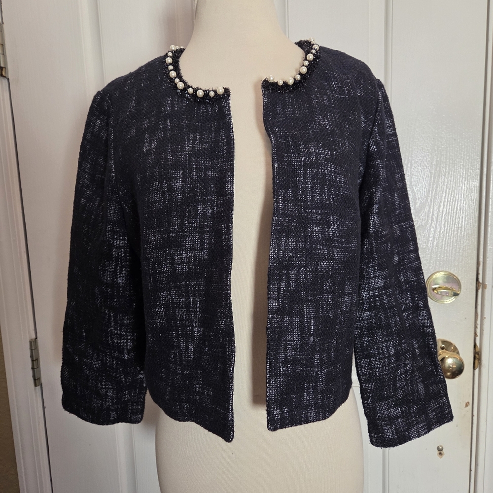 Karl Lagerfeld Cropped Jacket Couture Pearls Navy Blue Blazer Medium Old Money